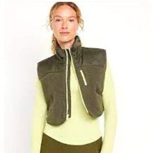 Old Navy Cropped Sherpa Fleece Hybrid Zip Vest 2X Olive Green with Neon Full Zip